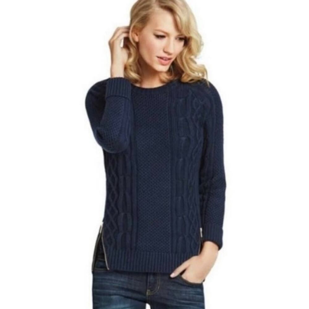 CAbi Cotton Cableknit Crew Neck Sweater Blue Decorative Asymmetrical Zippers XS